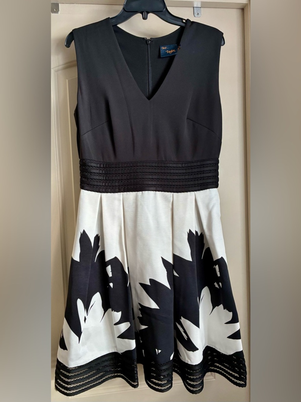 Just...Taylor Black and White V-Neck Floral Fit-and-Flare Wedding Dress